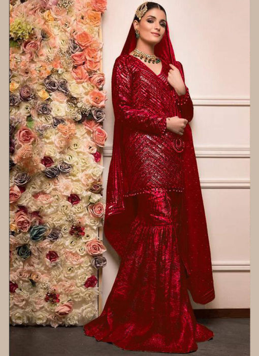 Red Heavy Embroidred Georgette Designer Pakistani Suit