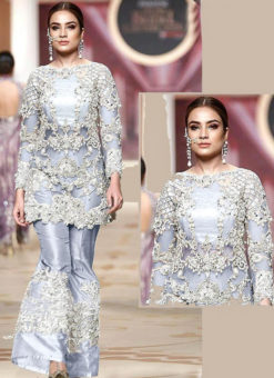 Heavy Embroidred Designer Silver Net Pakistani Suit