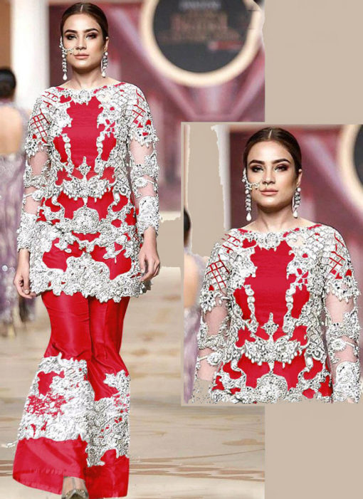 Heavy Embroidred Designer Red Net Pakistani Suit