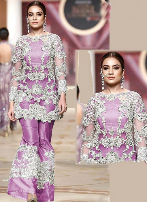 Heavy Embroidred Designer Purple Net Pakistani Suit