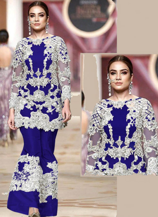 Heavy Embroidred Designer Blue Net Pakistani Suit