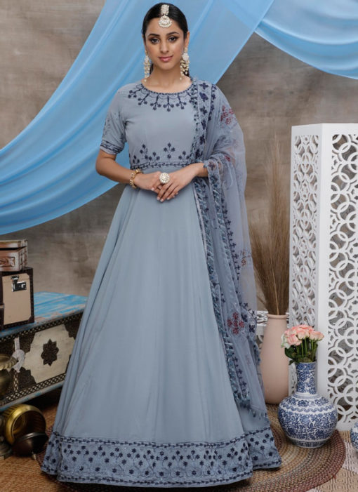 Lovey Grey Georgette Embroidered Work Semi Stitched Designer Gown