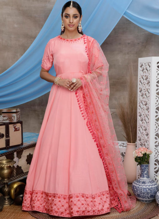 Pink Silk Embroidered Work Designer Semi Stitched Wedding Gown