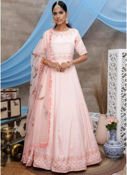 Georgette Designer Peach Embroidered Work Semi Stitched Party Gown