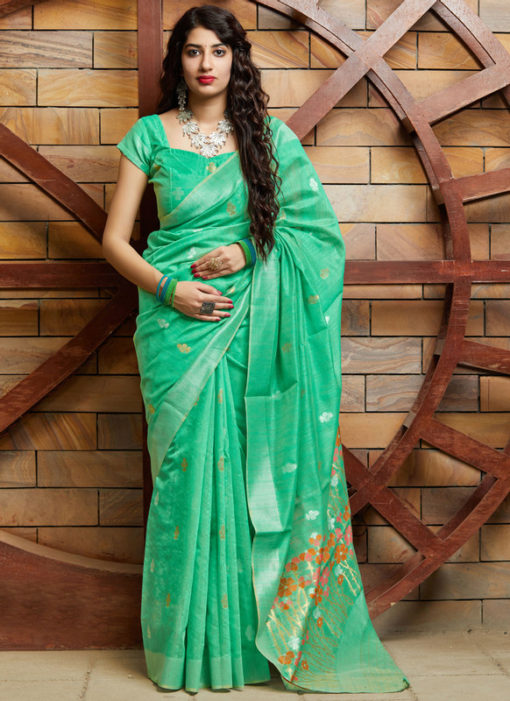 Sea Green Silk Printed Designer Mehendi Rasam Party Wear Saree