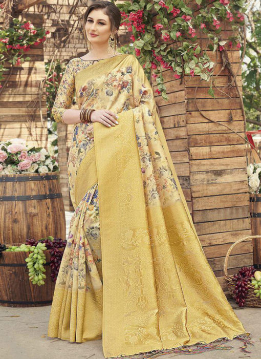 Yellow Silk Designer Printed Party Wear Saree