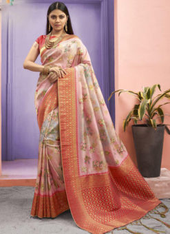 Pink Silk Designer Printed Party Wear Saree