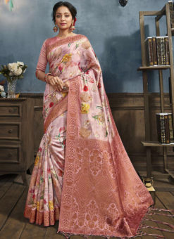 Pink Silk Designer Printed Party Wear Saree