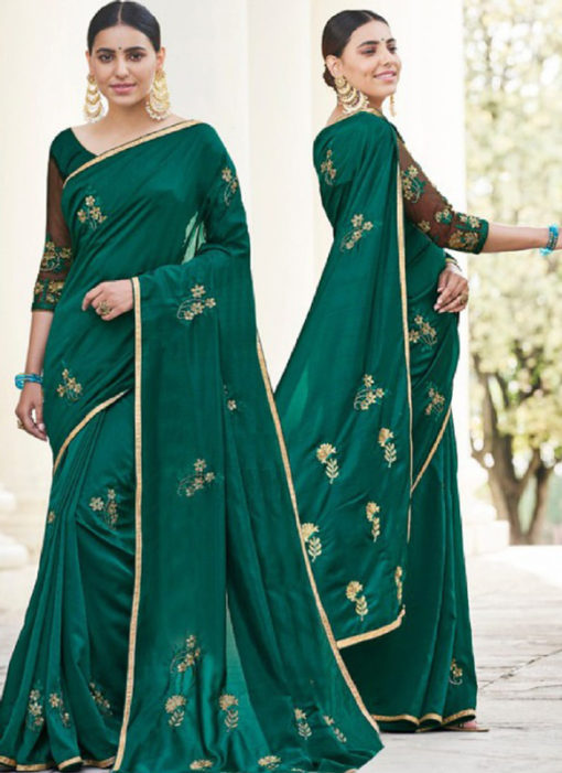 Green Silk Embroidered Work Designer Party Wear Saree
