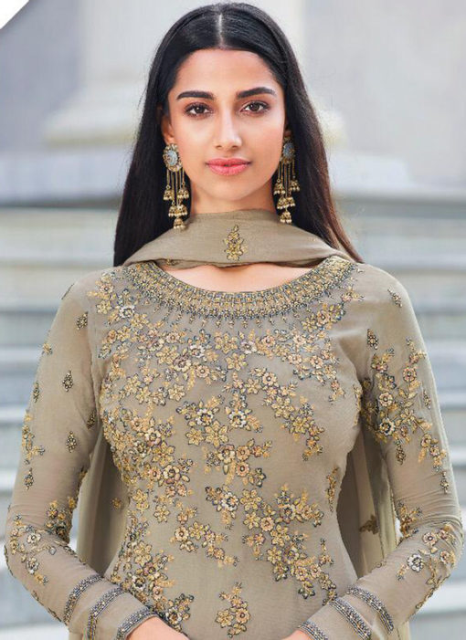 Stunning Grey Georgette Embroidered Work Designer Salwar Kameez