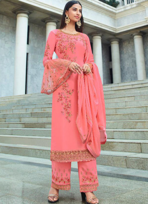 Spectacular Pink Georgette Embroidered Work Designer Salwar Kameez