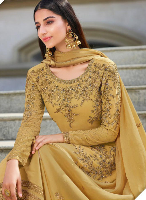 Glorious Yellow Georgette Embroidered Work Designer Salwar Kameez