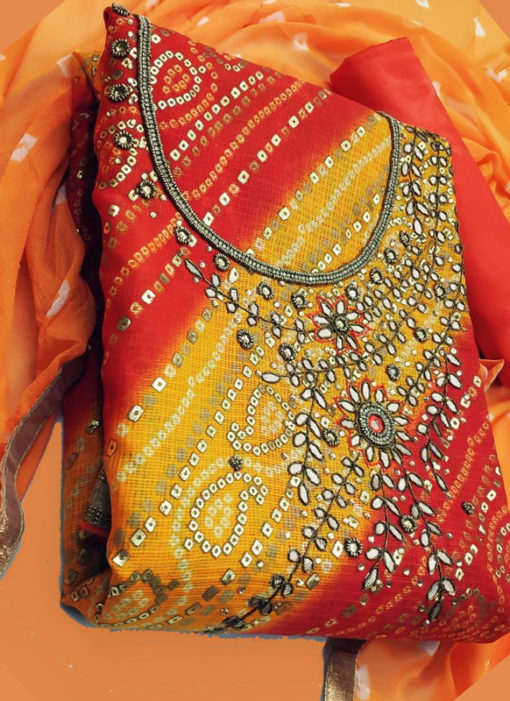 Lavish Orange Silk Designer Bandhej Dress Material