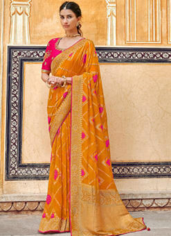 Lovely Orange Silk Zari Weaving Party Wear Saree