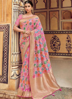 Lavish Pink Silk Zari Weaving Party Wear Saree