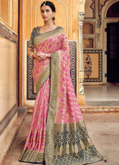 Wonderful Pink Silk Zari Weaving Party Wear Saree