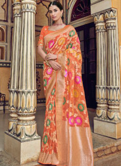 Amazing Orange Silk Zari Weaving Party Wear Saree
