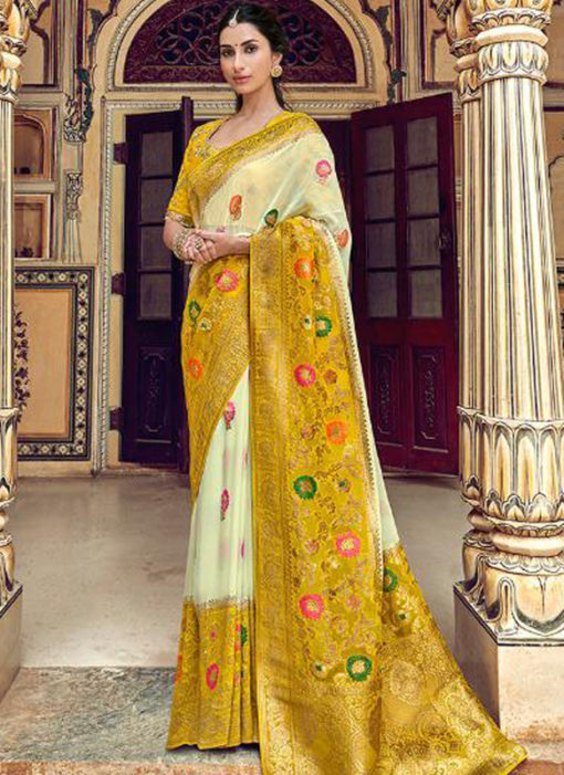 Lovely White And Yellow Silk Zari Weaving Party Wear Saree