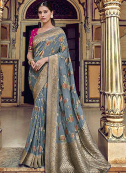 Beautiful Grey Silk Zari Weaving Party Wear Saree