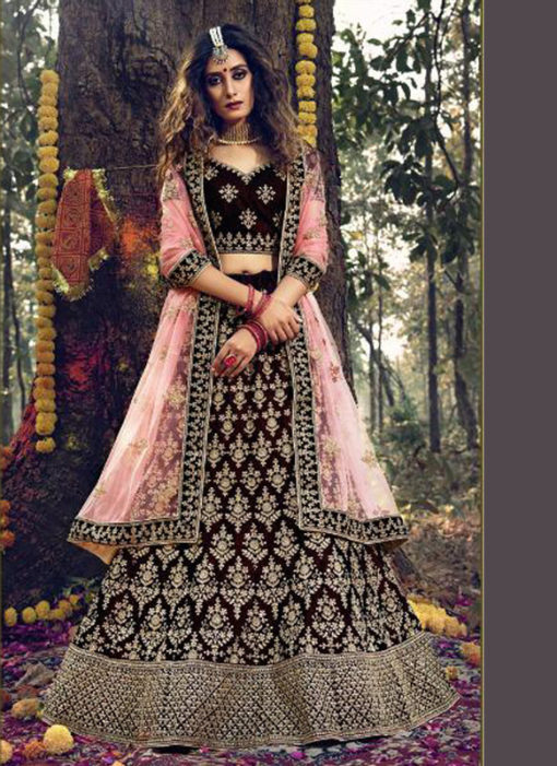 Maroon Velvet Designer Embroidered Work Wedding Lehenga Choli