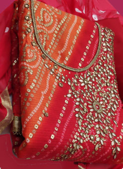 Excellent Red Silk Designer Bandhej Dress Material