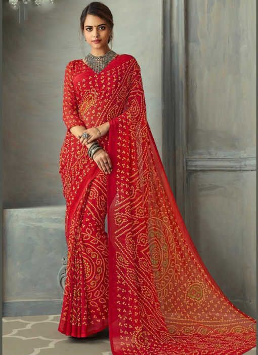 Red Color Chiffon Bandhani Printed Designer Traditional Saree