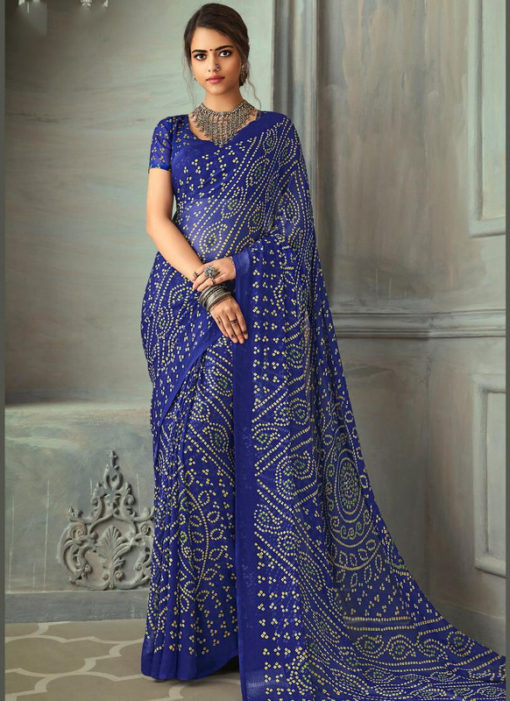 Traditional Wear Bandhani Printed Royale Blue Chiffon Saree