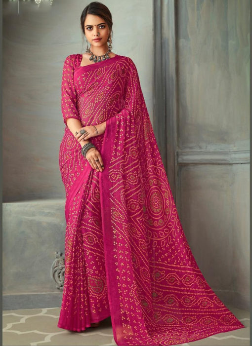 Chiffon Rani Pink Bandhani Printed Traditional Wear Saree