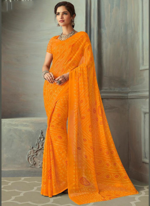 Yellow Elegant Bandhani Printed Traditional Wear Chiffon Saree