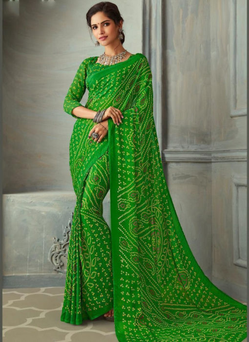 Bandhani Printed Traditional Wear Elegant Green Chiffon Saree