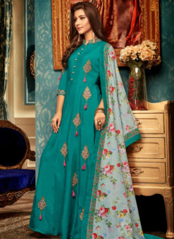 Teal Green Maslin Silk Embroidered Readymade Designer Gown