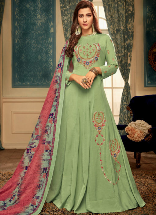 Green Maslin Silk Embroidered Redaymade Designer Gown