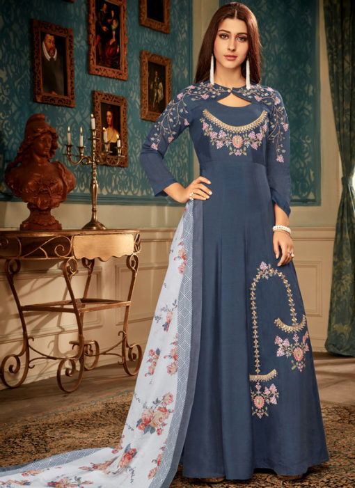 Blue Maslin Silk Embroidered Readymade Designer Gown