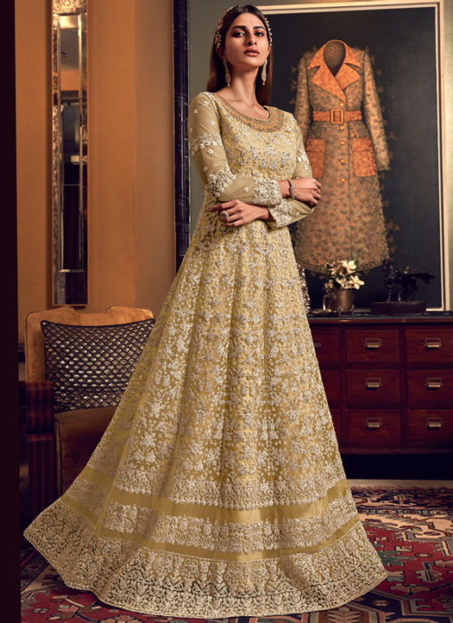 Elegant Cream Net Heavy Embroidered Work Designer Wedding Long Lehenga Choli