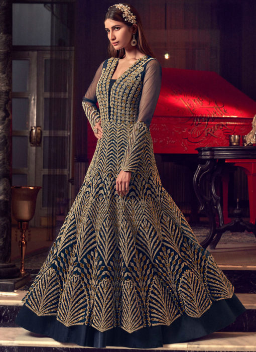 Alluring Blue Net Heavy Embroidered Work Designer Wedding Long Lehenga Choli