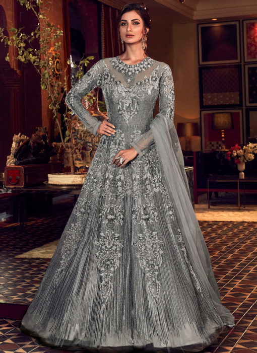 Beautiful Grey Net Heavy Embroidered Work Designer Wedding Long Lehenga Choli