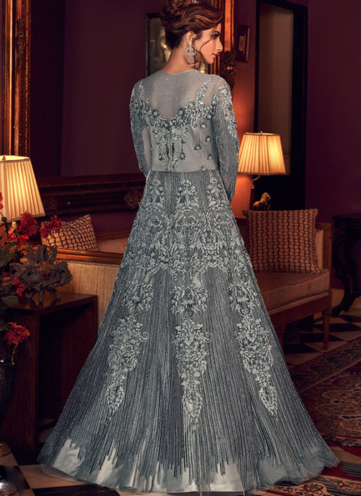 Beautiful Grey Net Heavy Embroidered Work Designer Wedding Long Lehenga Choli