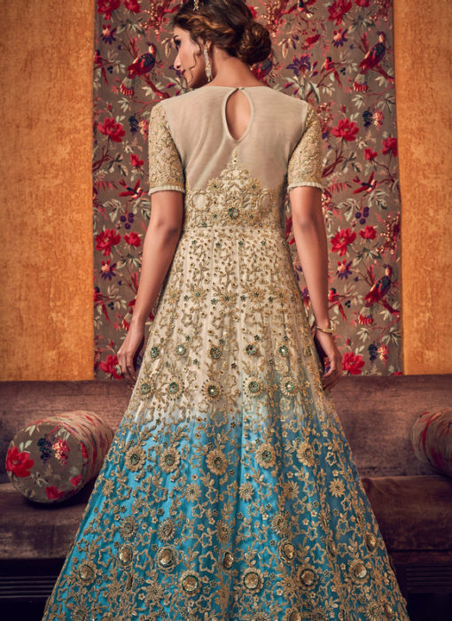 Lovely Cream Net Heavy Embroidered Work Designer Wedding Long Lehenga Choli