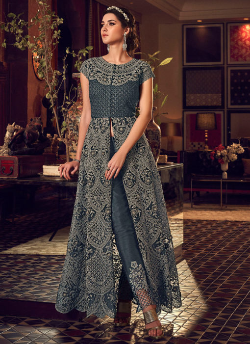 Amazing Dark Grey Net Heavy Embroidered Work Designer Anarkali Suit