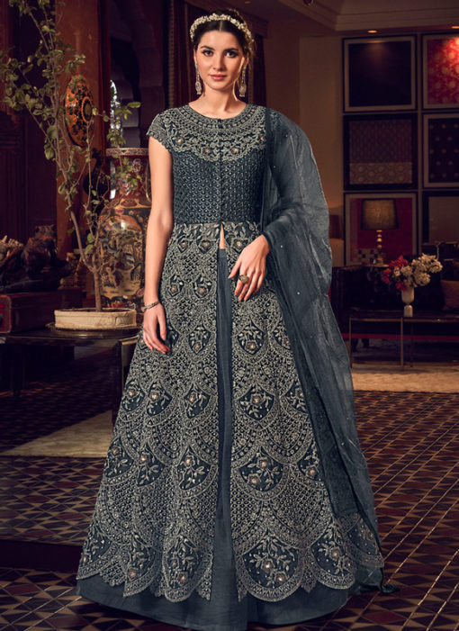 Elegant Grey Net Heavy Embroidered Work Designer Wedding Long Lehenga Choli