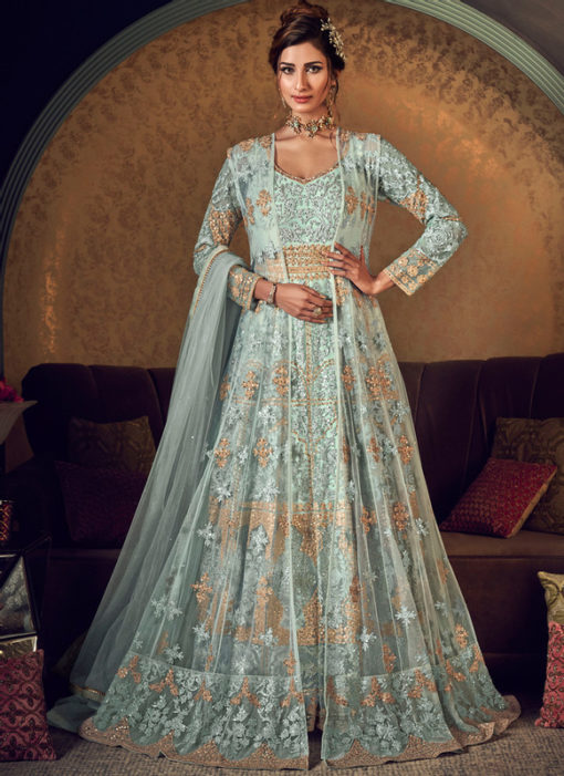 Amazing Sky Blue Net Heavy Embroidered Work Designer Wedding Long Lehenga Choli