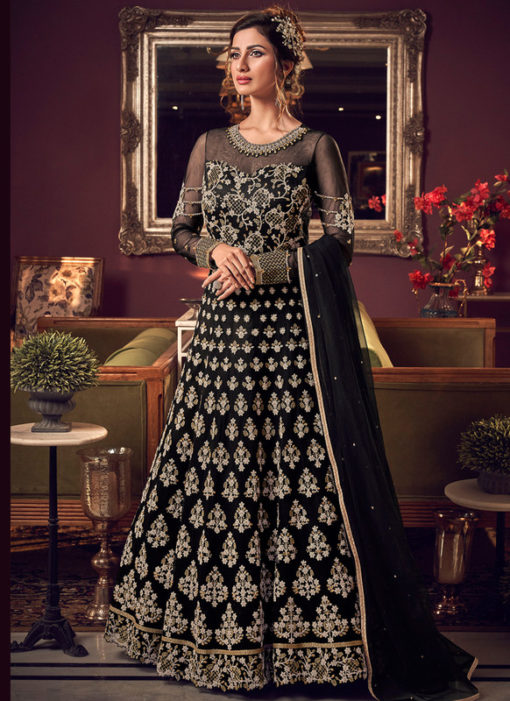 Elegant Black Net Heavy Embroidered Work Designer Wedding Long Lehenga Choli