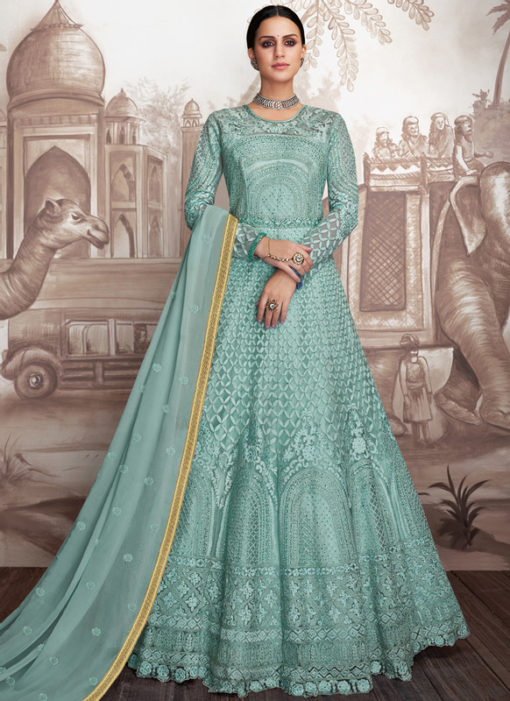 Lovely Sea Green Georgette Wedding Designer Anarkali Suit
