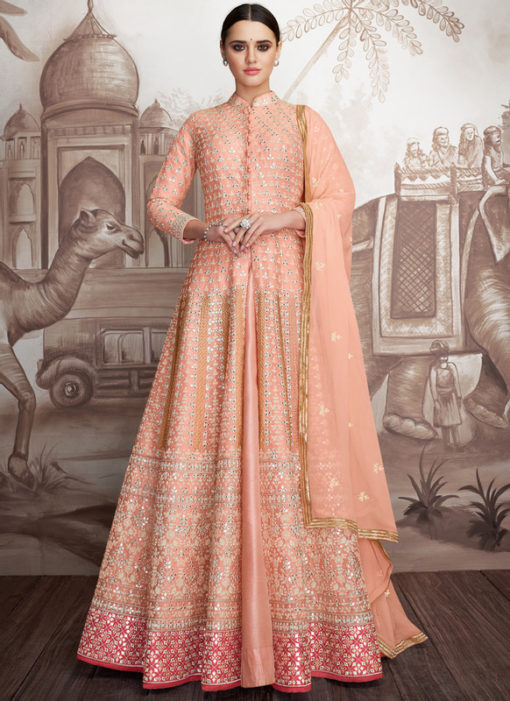 Elegant Peach Georgette Wedding Designer Anarkali Suit