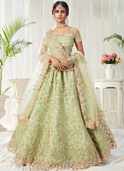 Elegant Pista Green Net Designer Embroidered Work Wedding Lehenga Choli