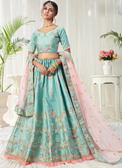 Alluring Sky Blue Silk Designer Embroidered Work Wedding Lehenga Choli