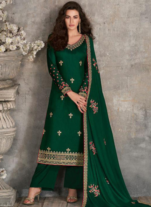 Elegant Green Silk Embroidered Work Party Wear Salwar Kameez