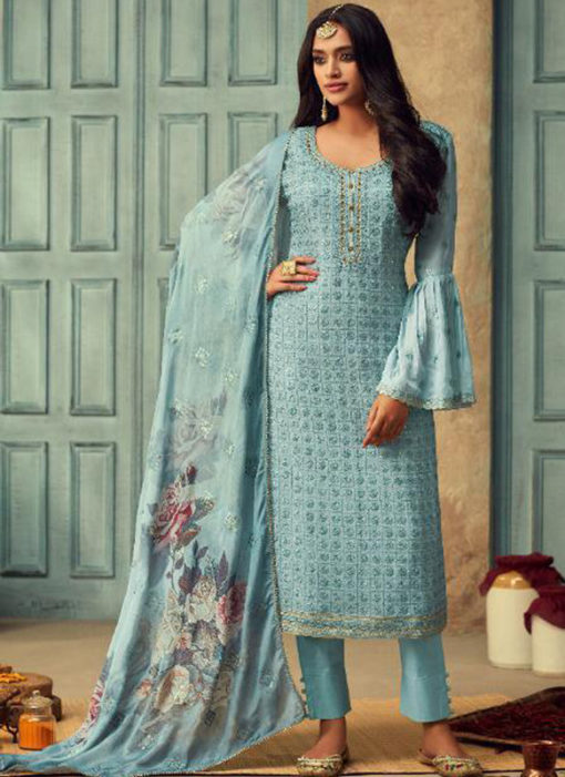 Elegant Sky Blue Chiffon Party Wear Designer Salwar Kameez