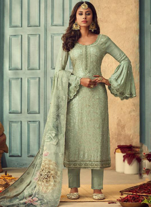 Lovely Pista Green Chiffon Party Wear Designer Salwar Kameez