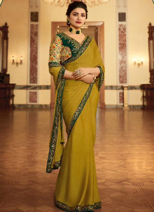 Lovely Yellow Satin Georgette Patch Border Party Wear Designer Saree